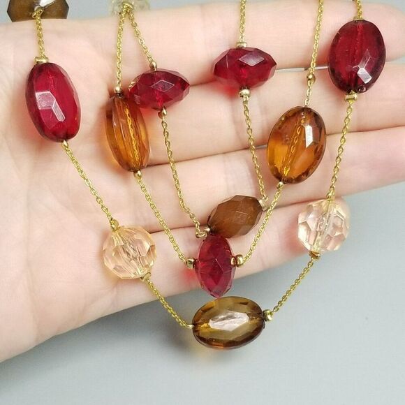 Vintage Avon SP Red Brown Acrylic Station Bead Triple Layer Necklace, Gold Tone - Picture 2 of 7